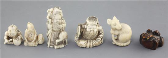 Five Japanese ivory netsuke and a similar boxwood example, late 19th / early 20th century, 3.1cm - 5.8cm